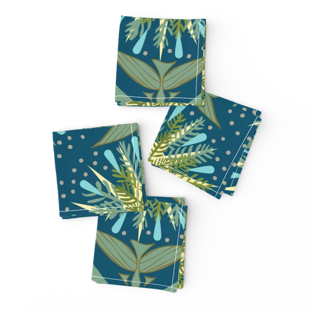 (L) Forest Biome Damask Sun, Trees, Rain, Earth, Birds and Bees Teal and Yellow