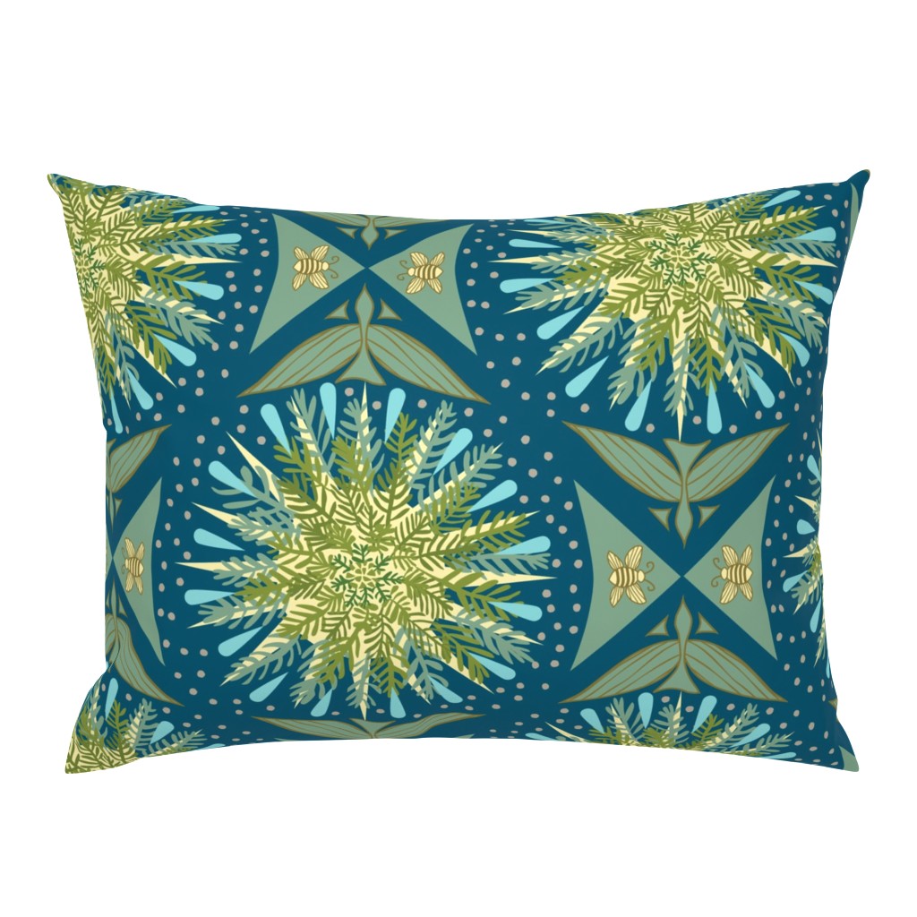 (L) Forest Biome Damask Sun, Trees, Rain, Earth, Birds and Bees Teal and Yellow