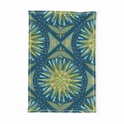 (L) Forest Biome Damask Sun, Trees, Rain, Earth, Birds and Bees Teal and Yellow