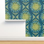 (L) Forest Biome Damask Sun, Trees, Rain, Earth, Birds and Bees Teal and Yellow