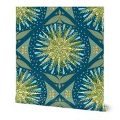 (L) Forest Biome Damask Sun, Trees, Rain, Earth, Birds and Bees Teal and Yellow