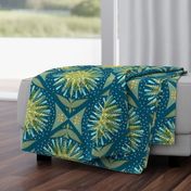 (L) Forest Biome Damask Sun, Trees, Rain, Earth, Birds and Bees Teal and Yellow