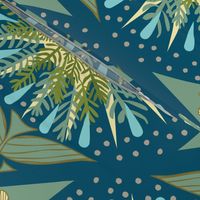 (L) Forest Biome Damask Sun, Trees, Rain, Earth, Birds and Bees Teal and Yellow