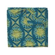 (L) Forest Biome Damask Sun, Trees, Rain, Earth, Birds and Bees Teal and Yellow