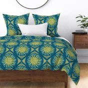 (L) Forest Biome Damask Sun, Trees, Rain, Earth, Birds and Bees Teal and Yellow