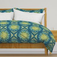 (L) Forest Biome Damask Sun, Trees, Rain, Earth, Birds and Bees Teal and Yellow