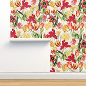 14" Hand Painted Antique Watercolor Springflowers Fabric, Springflower,  Red Tulips Fabric, Primula Fabric, double layer - soft spring white