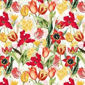 14" Hand Painted Antique Watercolor Springflowers Fabric, Springflower,  Red Tulips Fabric, Primula Fabric, double layer - soft spring white