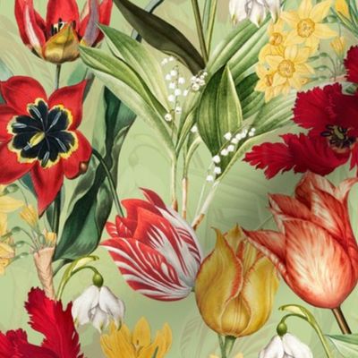 14" Hand Painted Antique Watercolor Springflowers Fabric, Springflower,  Red Tulips Fabric, Primula Fabric, double layer - soft spring green