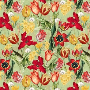 14" Hand Painted Antique Watercolor Springflowers Fabric, Springflower,  Red Tulips Fabric, Primula Fabric, double layer - soft spring green