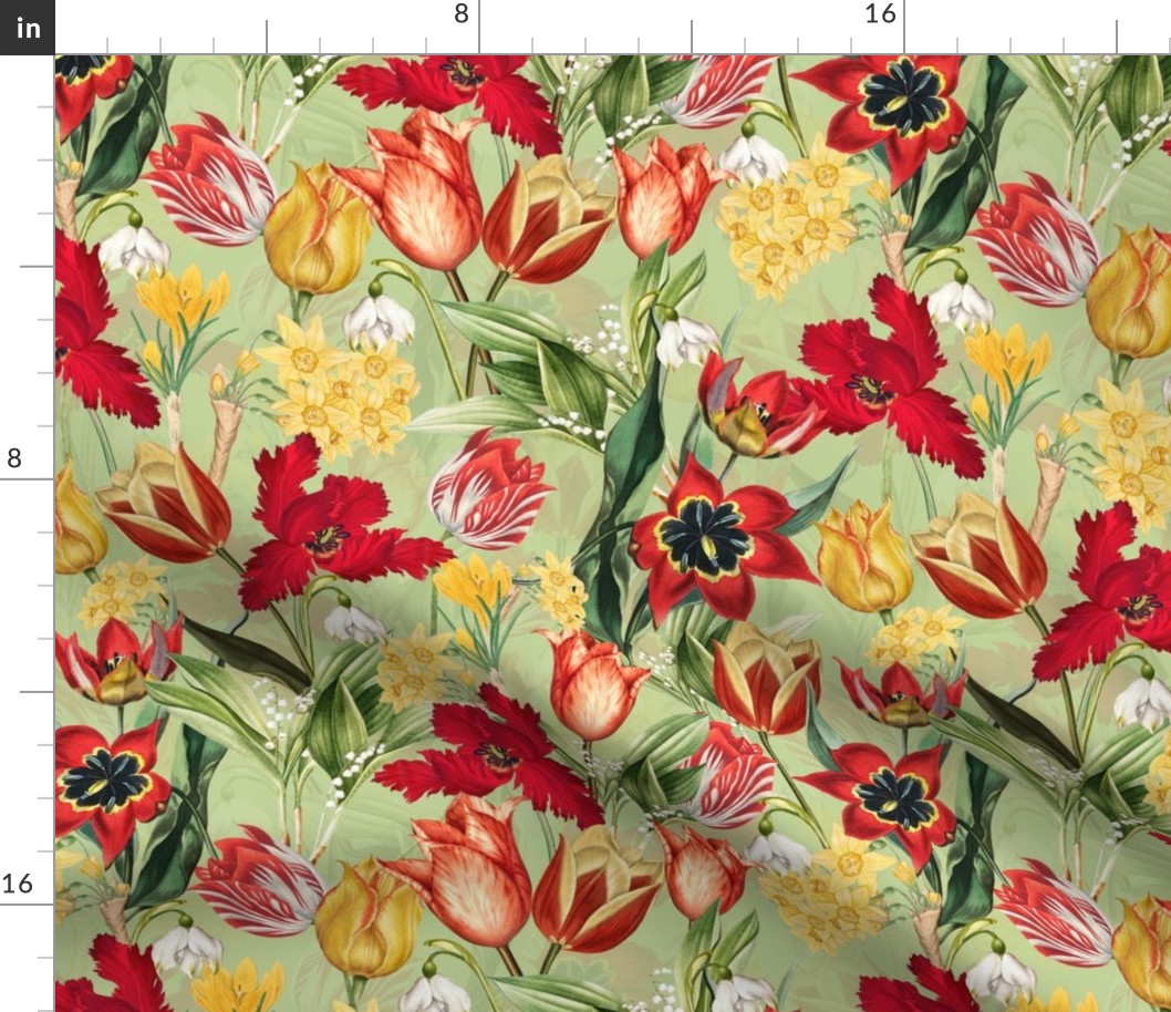 14" Hand Painted Antique Watercolor Springflowers Fabric, Springflower,  Red Tulips Fabric, Primula Fabric, double layer - soft spring green