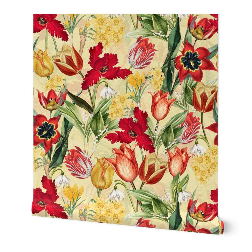 14" Hand Painted Antique Watercolor Springflowers Fabric, Springflower,  Red Tulips Fabric, Primula Fabric, double layer - soft spring yellow