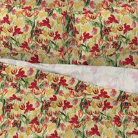 14" Hand Painted Antique Watercolor Springflowers Fabric, Springflower,  Red Tulips Fabric, Primula Fabric, double layer - soft spring yellow