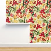 14" Hand Painted Antique Watercolor Springflowers Fabric, Springflower,  Red Tulips Fabric, Primula Fabric, double layer - soft spring yellow