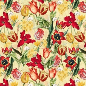 14" Hand Painted Antique Watercolor Springflowers Fabric, Springflower,  Red Tulips Fabric, Primula Fabric, double layer - soft spring yellow