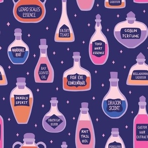 Witchcraft mysterious potions on navy blue background