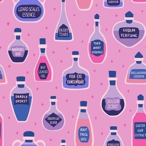 Witchcraft mysterious potions on pink background