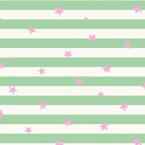 off white and mint lines with  pink stars - vintage stripes - disco stripes - Stars and Stripes