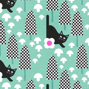 (M) RETRO 60s BLACK CATS AND MUSHROOMS MINT GREEN #catsandmushrooms #60s #kidsdecor #kidsfashion