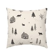 Enchanted Forest Biome: Rustic Woodland Cabin Core featuring Woodland Animals in Black Ink