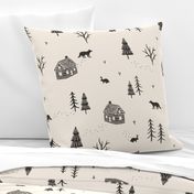 Enchanted Forest Biome: Rustic Woodland Cabin Core featuring Woodland Animals in Black Ink