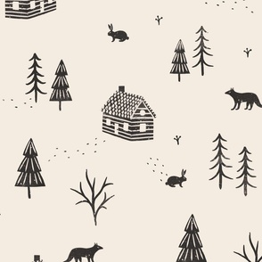 Enchanted Forest Biome: Rustic Woodland Cabin Core featuring Woodland Animals in Black Ink