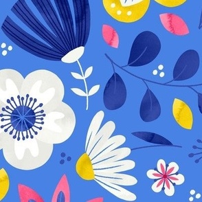 M / Azure Blue Folk Art Flowers