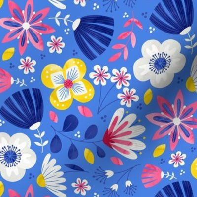 S / Azure Blue Folk Art Flowers