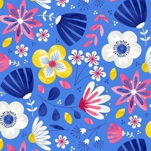 S / Azure Blue Folk Art Flowers