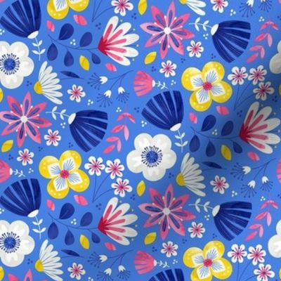 XS / Azure Blue Folk Art Flowers