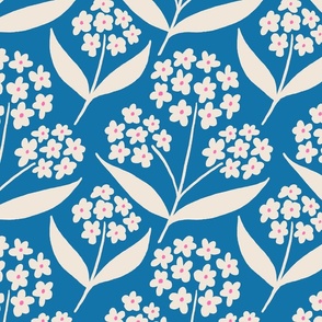 (M) Bee Happy Phlox - Cream and Pink Hand Drawn Flowers on a Methyl Blue Background