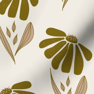 (M) Polka dot - dark olive green big flowers with texture, desert sand brown leaves with outline on beige