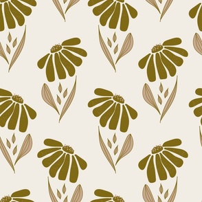 (M) Polka dot - dark olive green big flowers with texture, desert sand brown leaves with outline on beige