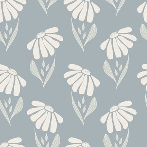 (M) Polka dot - beige big flowers with texture, ash grey leaves with outline on light serenity blue