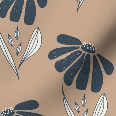 (M) Polka dot - charcoal grey big flowers with texture, white leaves with outline on tan brown