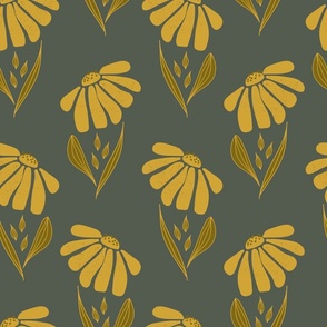 (M) Polka dot - goldenrod yellow big flowers with texture, olive green leaves with outline on charcoal grey