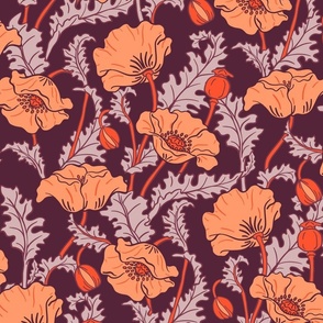 Art Nouveau poppies bordeaux orange