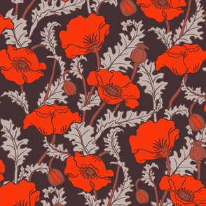 Art Nouveau poppies bright red