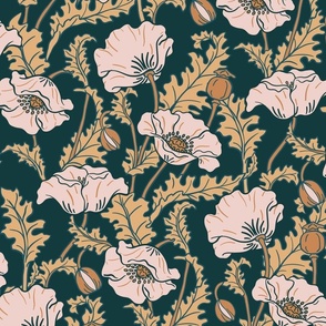 Art Nouveau poppies dark green ochre