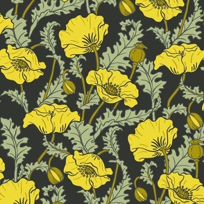 Art Nouveau poppies green yellow