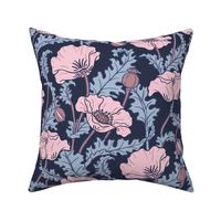 Art Nouveau poppies navy soft pink