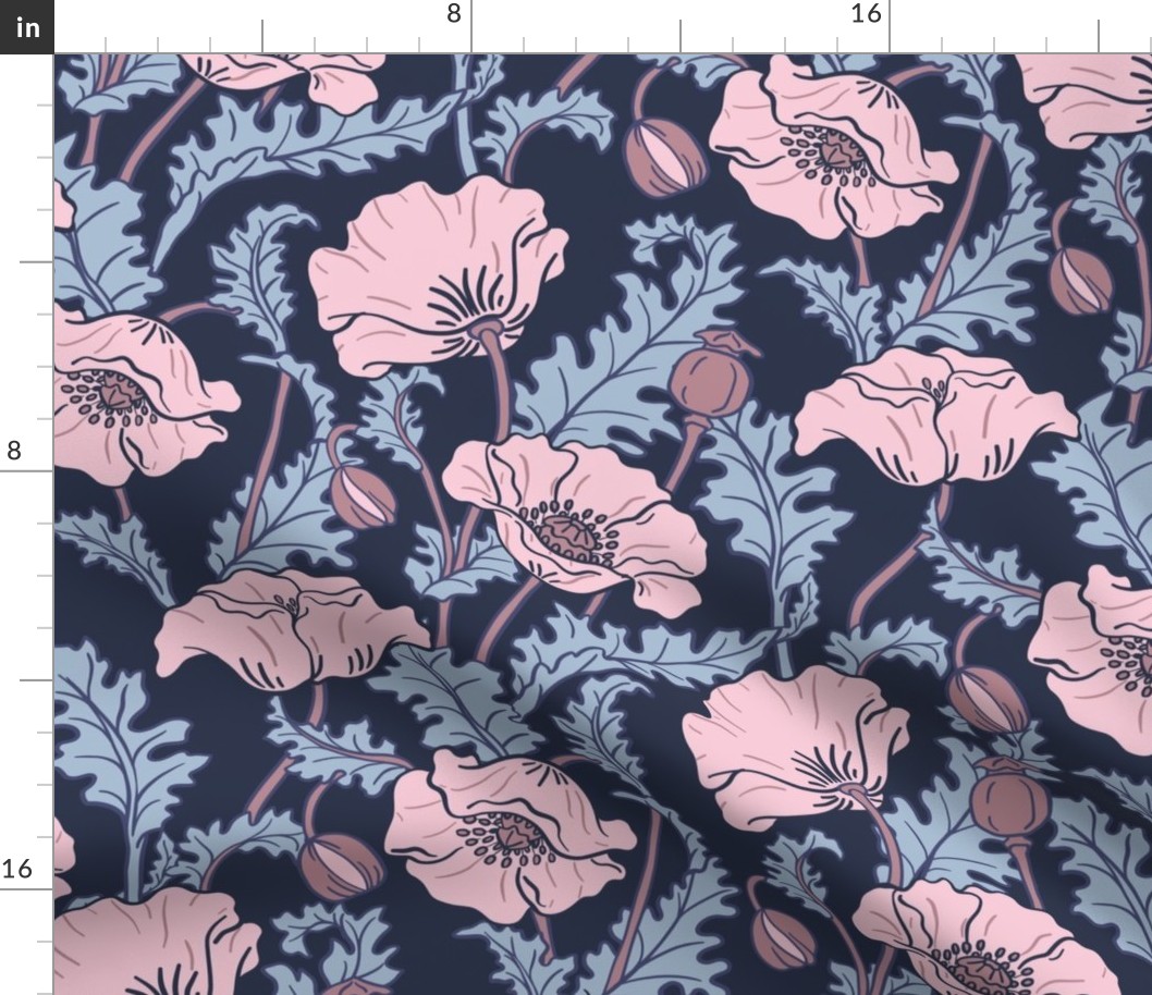 Art Nouveau poppies navy soft pink