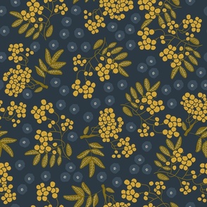 (M) goldenrod yellow rowan berries with olive green leaves and dark grey flowers on charcoal grey