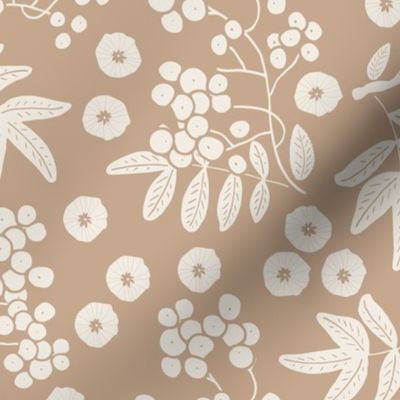 (M) two-color design - white rowan berries with leaves and flowers on tan brown