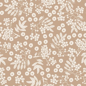 (M) two-color design - white rowan berries with leaves and flowers on tan brown