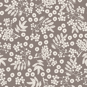 (M) two-color design - white rowan berries with leaves and flowers on taupe grey