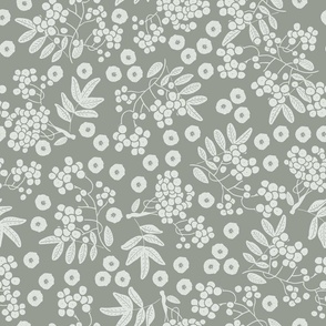 (M) two-color design - white rowan berries with leaves and flowers on ash grey