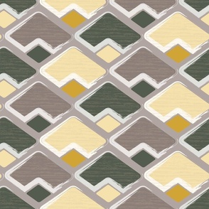(M) horizontal rhombus in taupe brown, flax yellow, ebony grey and goldenrod yellow with texture on grey