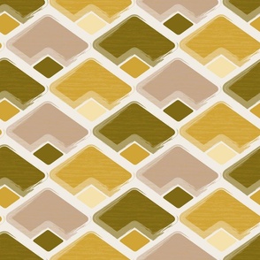 (M) horizontal rhombus in brown, goldenrod yellow, olive grey with texture on white