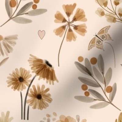 Woodsy Floral (blush) neutral flowers, earth tone wildflowers, beige gray cream taupe  flower